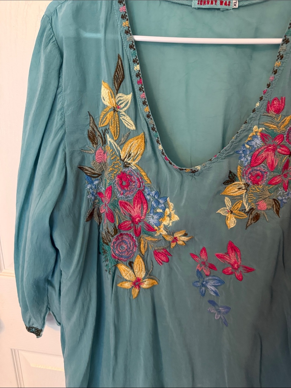 Johnny Was Teal V-Neck Tunic with Multicolor Floral Embroidery - Picture 2 of 5
